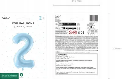 Balon helium Partydeco numri 2, 72cm, blu e çelët - 4