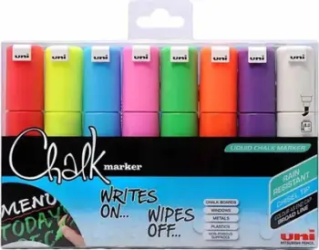 Markerë shkumësi Uni Chalk PWE-8K, set 4 copë, majë e gjerë daltë 8 mm, të shumëngjyrshëm