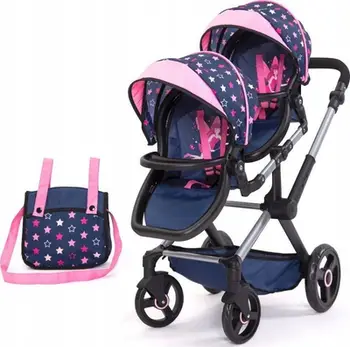 Karrocë kukullash Bayer Design Xeo Twin Pram, për dy kukulla 46 cm, dorezë e rregullueshme, navy dhe rozë