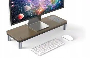 Bazament monitori Powerton ERGO DOKY, stacion dokimi USB C HDMI RJ45, karikim wireless 15W, gri me dekor druri të errët