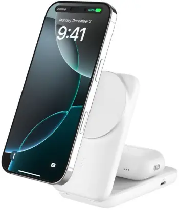 Karikues wireless Belkin UltraCharge 2 in 1 Qi2, 25W, me portë USB C, i bardhë