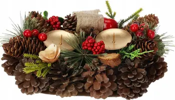 Mbajtëse qirinjsh për tavolinë Christmas, dekor pishe dhe kokrra, për 2 qirinj, shumëngjyrëshe