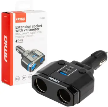 Prizë zgjatuese veture AMIO Double Extension Socket AMIO-04174, PD 30W, QC3.0, 12/24V max 200W, e zezë