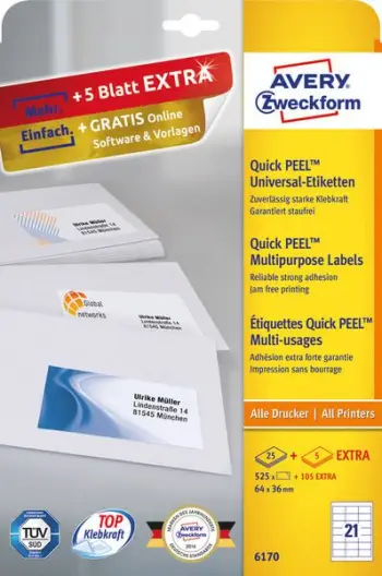 Etiketa ngjitëse Avery Zweckform Quick Peel 6170, 64x36 mm, 630 copë, të bardha