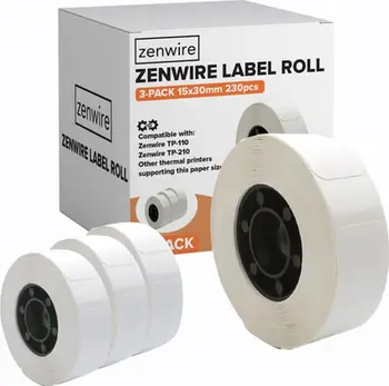 Etiketa termike vetëngjitëse Zenwire TP-110, 3 rrotulla, 230 etiketa, 15x30mm, të bardha
