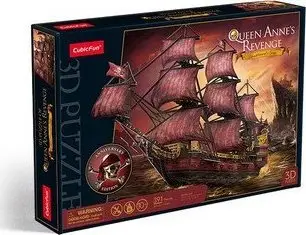 Puzzle 3D CubicFun Queen Annes Revenge Anniversary T4040H, 360 pjesë, model anije piratësh, në të kuqe