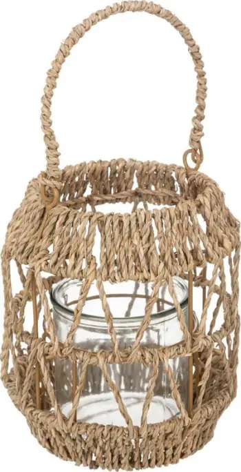 Fener dekorativ Atmosphera Rattan Lantern H18cm, mbajtëse qiri xhami, 18cm, bezhë