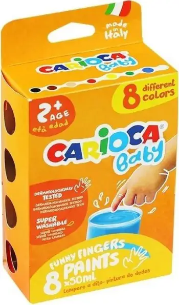 Bojë gishtash Carioca Tempera, 8 ngjyra, 8 x 50 ml, shumëngjyrëshe