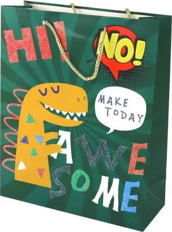 Qese dhuratash Green Dinosaur, letër, 41.5 x 30 x 12 cm, jeshile