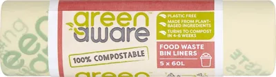 Qese mbeturinash GreenAware Compostable, 60L, 5 copë, e gjelbër - 1