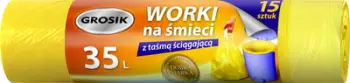 Qese mbeturinash Grosik, 35L, me lidhëse tërheqëse, 15 copë, e verdhë