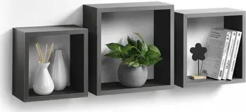 Raft muri dekorativ Homea Cube, set 3 copë, MDF, i zi