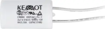 Kondensator Kemot 16uF 450V, për motorë monofazikë, cilindrik, i bardhë
