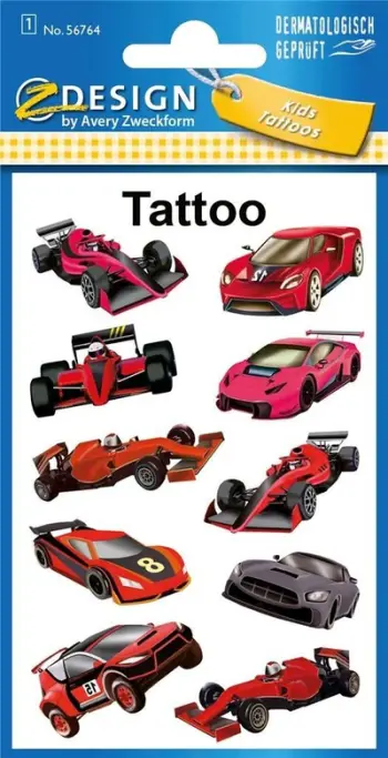 Tatuazhe për fëmijë Z-Design Racing Cars, 10 copë, e kuqe dhe e zezë