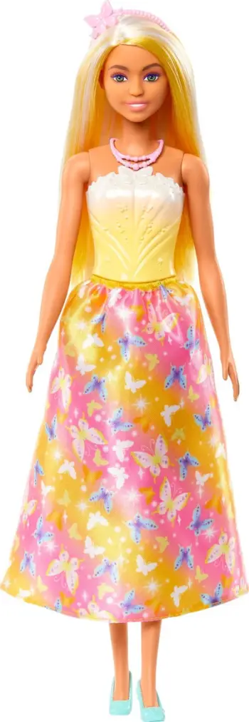 Kukull Barbie Butterfly Print Skirt Royal Doll, princeshë, 3+ vjeç, e verdhë