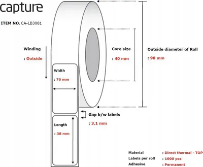 Rrotullë etiketash Capture CA-LB3081, për printer termik, e bardhë - 1