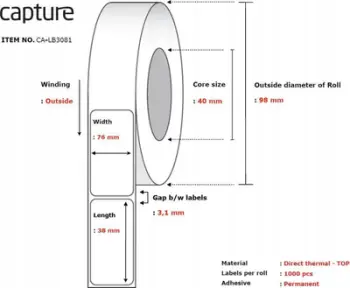 Rrotullë etiketash Capture CA-LB3081, për printer termik, e bardhë