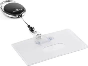 Rrotullë mbajtëse ID Durable STYLE Snap Button, me karabinë, për kartela identifikimi, transparente