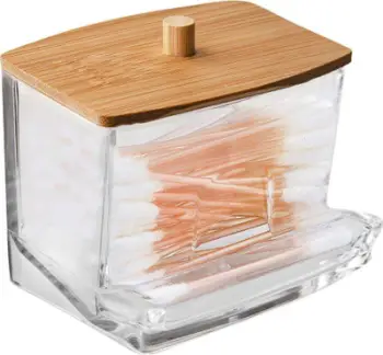 Kuti akrilike për shkopinj pambuku me kapak bambuje, transparente