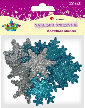 Ngjitëse dekorative Titanum Foam Glitter Snowflakes Mix, 12 copë, shkumë 3D, argjend dhe blu
