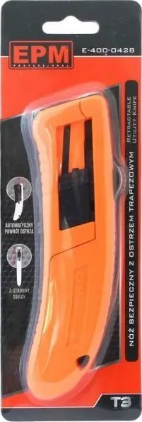 Thikë pune EPM KNIFE WITH TRAPEZOID BLADE SAFE, teh trapezoidal, kthim automatik, plastike ABS, portokalli