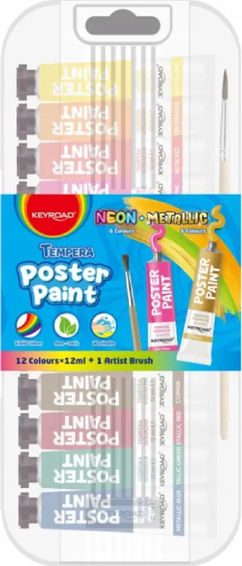 Ngjyra posteri Keyroad Colour + Paint, 12x12ml, metalike dhe neon, me penel