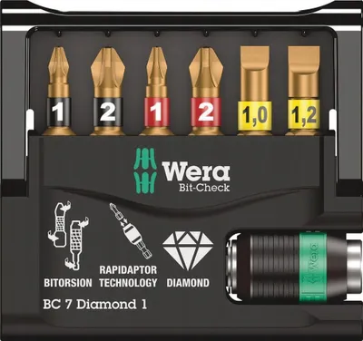 Set bitash dhe mbajtës Wera Bit-Check Diamond Bitorsion, 7 copë, me Rapidaptor - 1