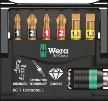 Set bitash dhe mbajtës Wera Bit-Check Diamond Bitorsion, 7 copë, me Rapidaptor