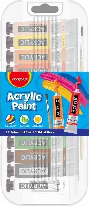 Set bojë akrilike Keyroad Acrylic Paint, 12x12ml, me furçë, shumëngjyrëshe