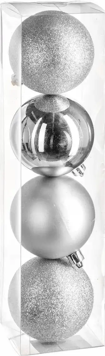 Top dekorativ për pemë Christmas Ball, 80mm, set 4 copë, ngjyrë argjendi