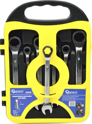 Set çelësash me mekanizëm ratcheting GEKO, 7 copa, 8-19mm, me mbajtëse plastike