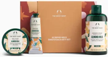 Set dhurate The Body Shop Almond Milk Essentials, 3 pjesë, për lëkurë të ndjeshme, vegan