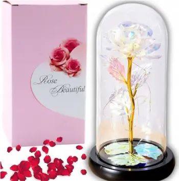 Trëndafil dekorativ Eternal Rose in Dome, kristal, drita LED shumëngjyrëshe, transparent