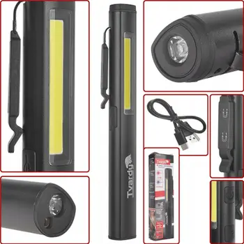 Lampë pune stilolaps Tvardy COB LED, magnetike, rimbushëse USB, e zezë