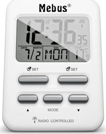 Orë digjitale me alarm Mebus 25800, ekran blu, matje temperature, e bardhë