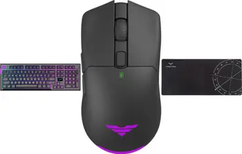 Set gaming PREYON Silent Claw Owl Falcon, tastierë RGB, maus wireless, mousepad XL, e verdhë
