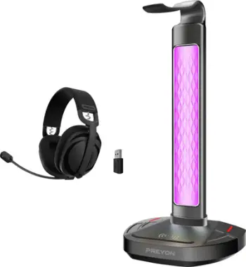 Set gaming Preyon Tornado Fly PTF40B me qëndrues kufjesh Heron Beak PHB41B, RGB, wireless charging, i zi