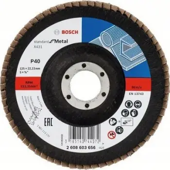 Disk flap Bosch X431 2608603656, 125mm, për çelik, hapje 22.23mm