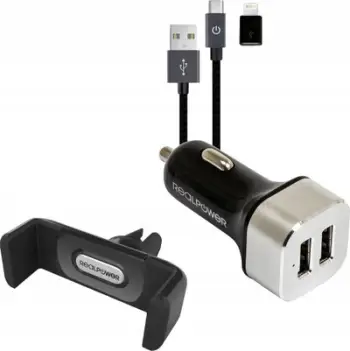 Set karikues veture RealPower 168182, 2x USB, me mbajtëse telefoni, i zi dhe argjendtë