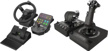 Set kontrolli lojërash Logitech G Saitek Farm Sim Steering Wheel 945-000062 dhe G X56 Hotas 945-000059, timon me pedale, joystick me throttle, i zi