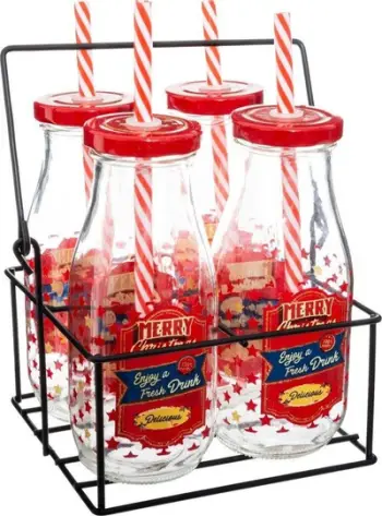 Set kavanozë për pije Merry X-mass, 4 copë, me kapak dhe pipë, transparent të kuqe