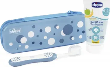 Set kujdesi dentar Chicco Always Smiling 6m+, furçë dhe pastë dhëmbësh, me çantë, blu e çelët