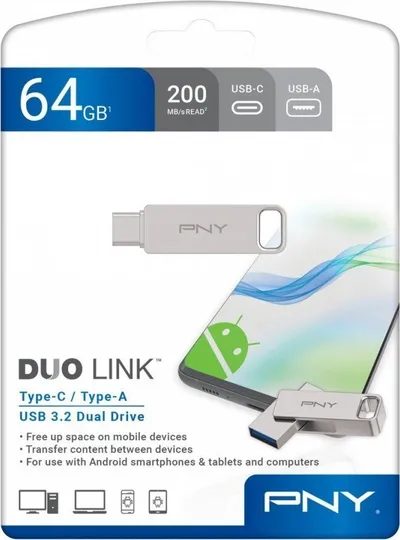 USB PNY Duo-Link, 64GB, USB A dhe USB C, argjend - 1