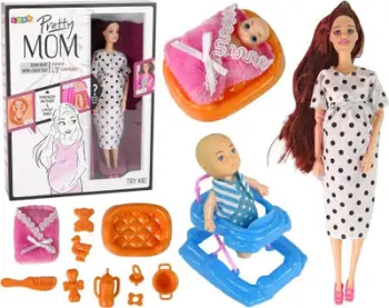 Set lodër LeanToys Doll, kukull mami shtatzënë me bebe, flokë të gjatë, me aksesorë