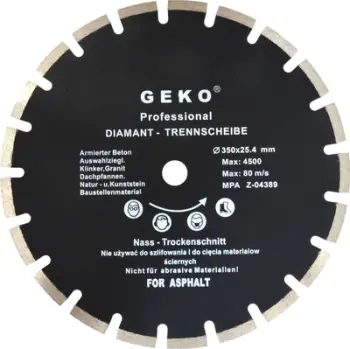 Disk prerës diamant GEKO Professional 350x25.4 mm, për asfalt dhe beton të freskët