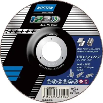 Disk prerës dhe bluarës Norton 123 All in One Curved, 125mm, trashësi 2.2mm, i zi