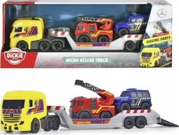 Set lodrash Dickie Toys SOS Mini Tow Truck Mercedes Benz, kamionçinë rimorkio 32 cm, 2 vetura policia dhe zjarrfikës, shumengjyrësh