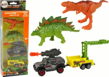 Set lodrash dinozaurë me makinë rakete dhe rimorkio, 2 figura