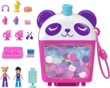 Set lodrash Polly Pocket Bubble Tea Panda Compact, 2 kukulla mikro, lodër panda, shumëngjyrëshe