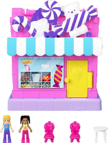 Set loje Polly Pocket Pollyville Sweet Store, 2 kukulla, aksesorë, shumëngjyrësh